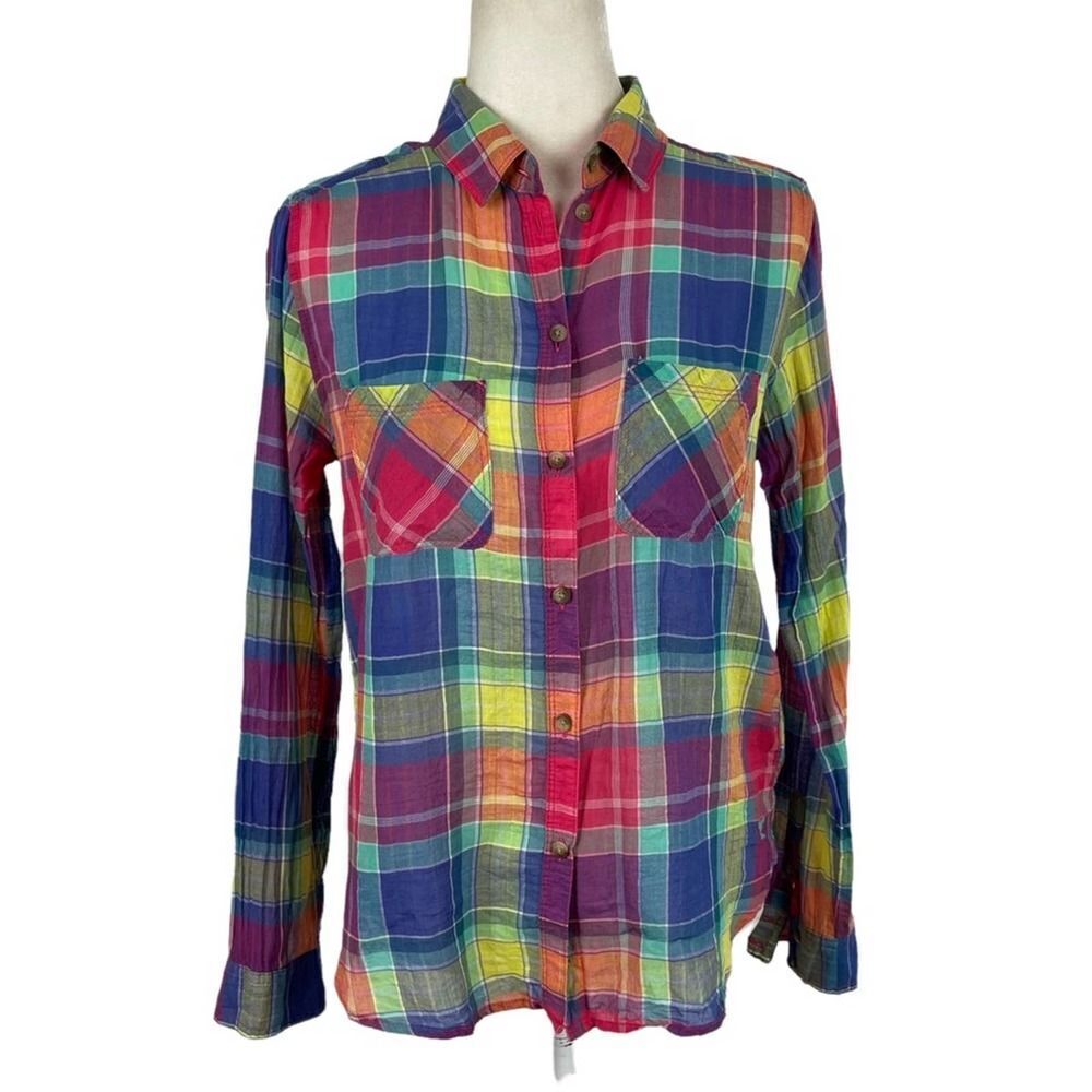 American Eagle Button Down Plaid Vintage Boyfriend Long Sleeve Shirt Size Small